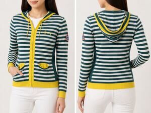 Louis Castel Womens Striped Hooded Zip Cardigan Size 90 (Est. XS/S) Athleisure